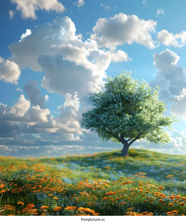 Lonely Tree in a Field of Flowers