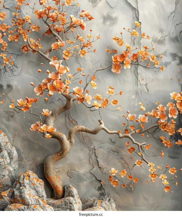 Orange Flowers on a Gnarled Tree