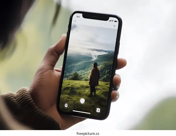 Hand Holding Smartphone Showing Photo of Mountains and Person