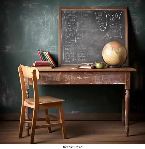 Vintage school desk and chalkboard