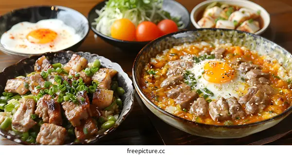 A delicious Japanese meal with rice, pork, egg and vegetables