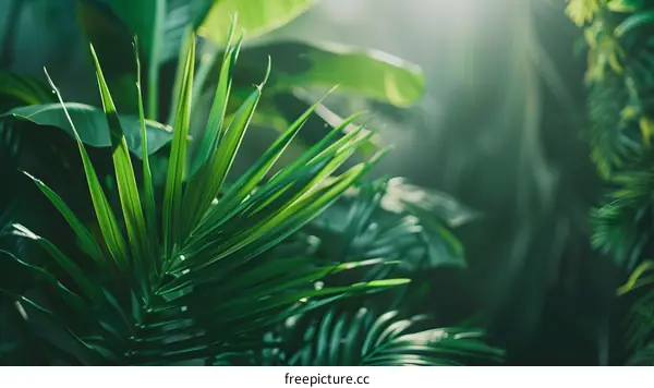 Green Tropical Leaves Close Up with Sunbeams