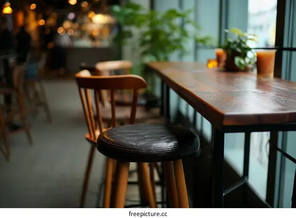 Wooden Bar Counter with Dark Leather Stools