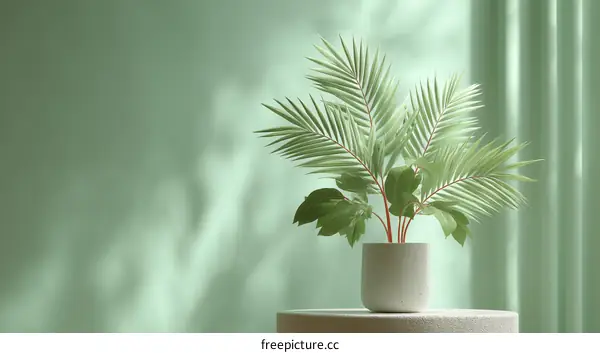Green Palm Plant in a White Pot Against a Mint Green Background