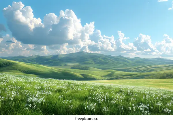 Rolling Hills and Blue Sky in a Verdant Landscape