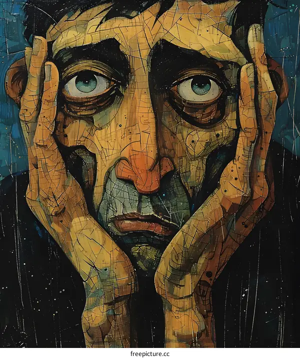 A painting of a man with his hands on his face