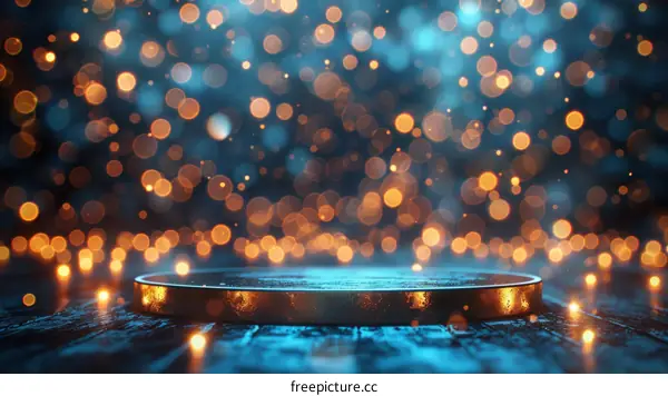 Blue and gold glowing pedestal with glowing particles floating in the air