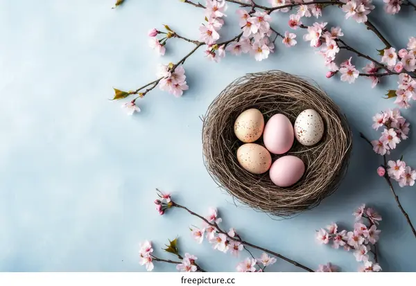 Easter Eggs in a Nest with Spring Blossoms