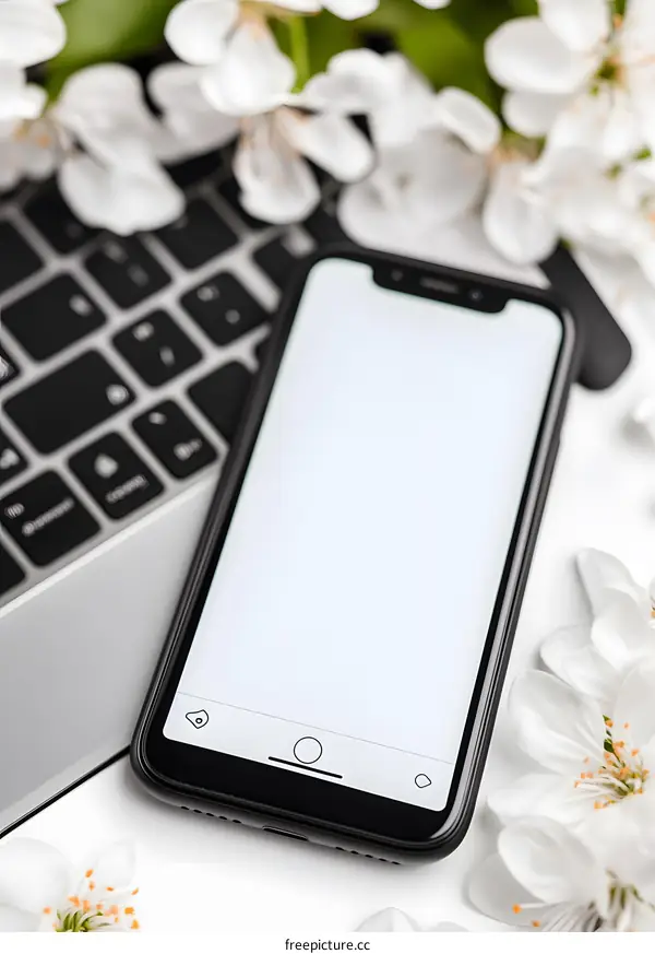 Black Smartphone With White Screen Mockup On White Background With Cherry Blossoms