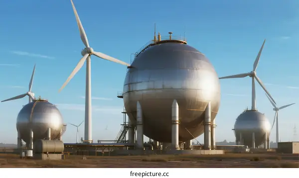 Industrial Wind Turbines and Storage Tanks in Power Plant