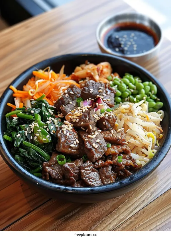 Korean beef bowl with spinach, carrots, bean sprouts, and kimchi