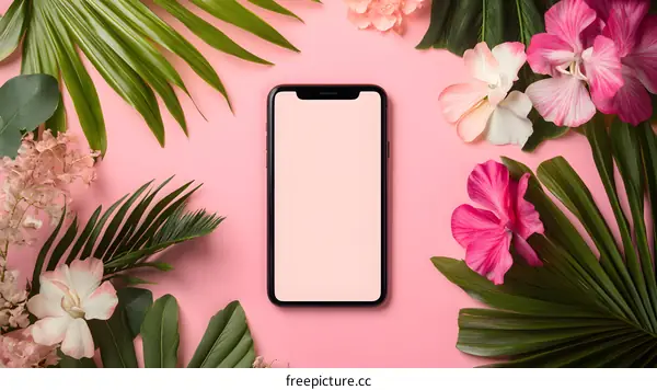 Smartphone on Pink Background with Tropical Leaves and Flowers