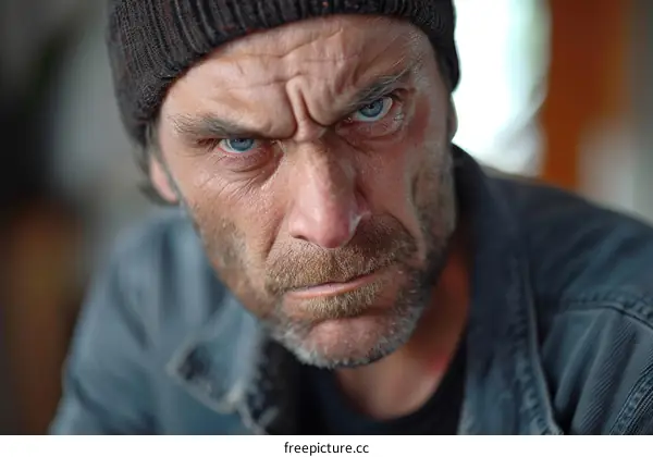 Close Up Portrait Of A Man With A Serious Expression Wearing A Black Knit Cap