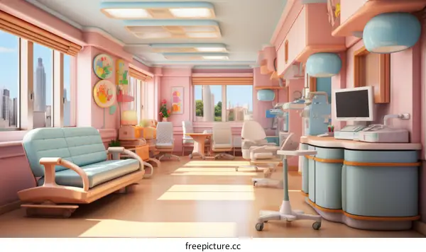 An illustration of a modern hospital room with a crib, a computer, and a couch