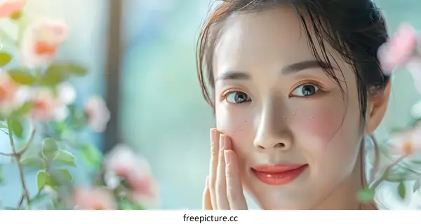 Close Up of a Young Woman with Pink Cheeks and Flowers