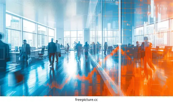 Business people walking in a modern office building with glass walls and a blue tint