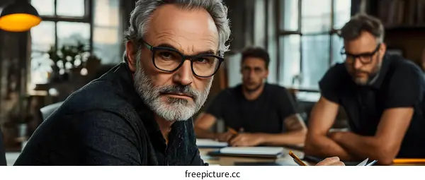 Serious Man Wearing Glasses Looking at Camera in Meeting