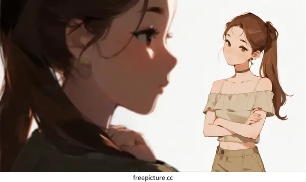 Two Young Women Standing in Profile with Casual Attire