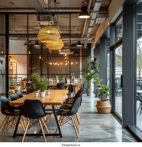 Modern Office with Black Chairs and Wood Table