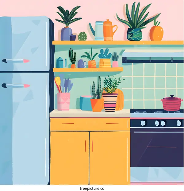 Colorful Kitchen Illustration with Plants and Appliances