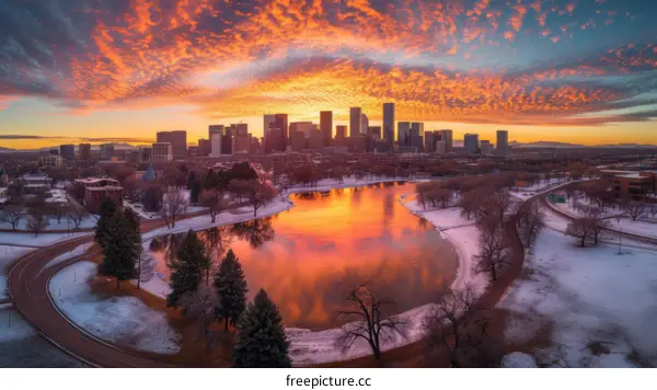 Stunning Aerial View of Denver Skyline and Sloan's Lake at Sunset in Colorado, USA