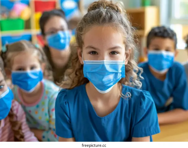 Group of diverse elementary school students wearing surgical masks in classroom