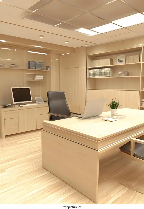 Modern Minimalist Office Interior Design with Wooden Desk and Bookshelves