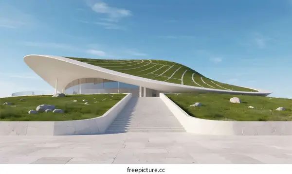 Modern Architectural Design with Green Rooftop and Curved Structure