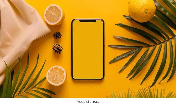 Yellow Background With Phone Lemon and Palm Leaves