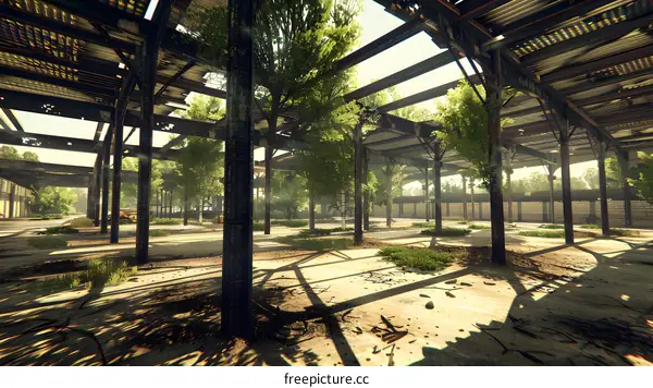 Abandoned Industrial Building With Overgrown Trees