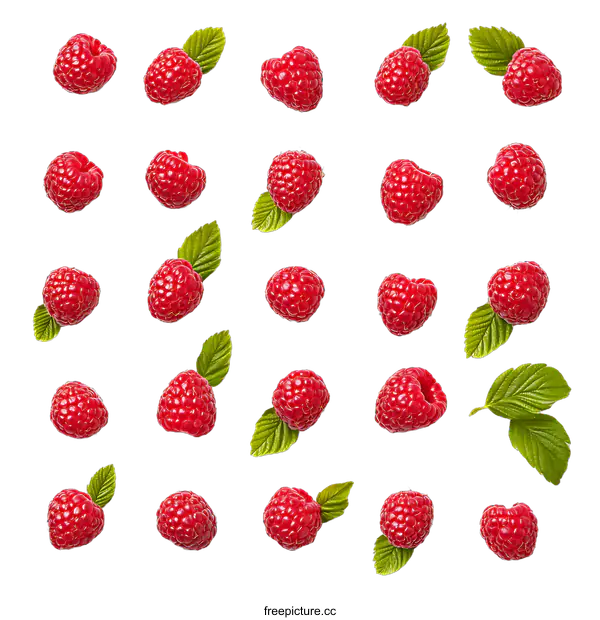 [Transparent Background PNG]Red Raspberries with Green Leaves Isolated on transparent background
