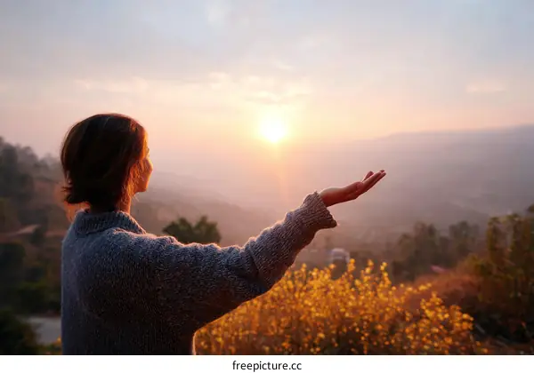 Woman Reaching Towards Sunrise Over Mountain Landscape