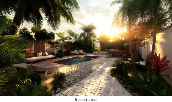 Tropical Backyard Pool With Sunset