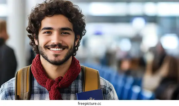 Smiling Young Man with Passport at Airport
