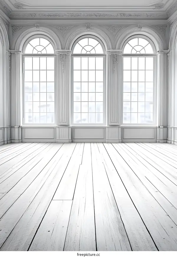 White Wood Floor with Three Large Windows in a Room with White Walls