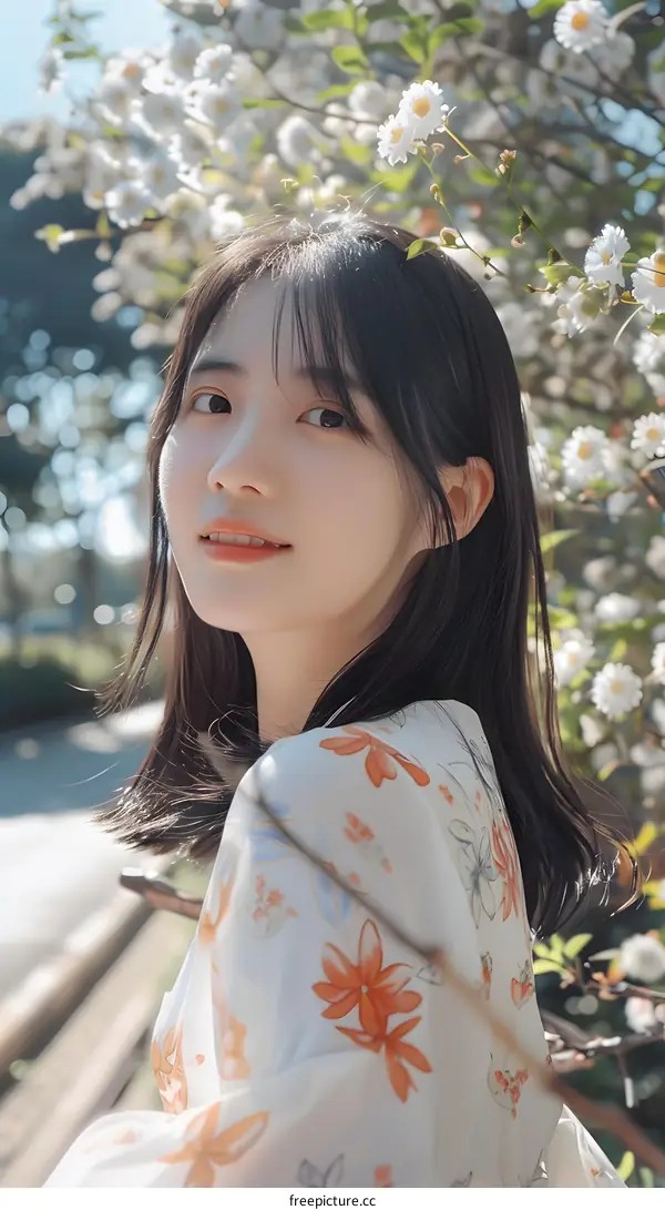 Young Asian Woman with Long Black Hair Posing Near Flowers