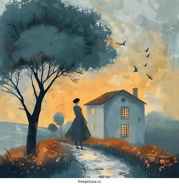 lonely woman in front of a house