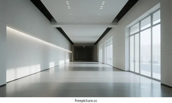 Modern Empty Corridor with Bright Lighting and Large Windows