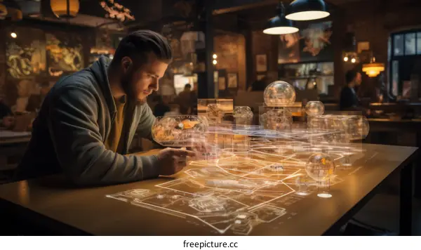 Man working on a futuristic augmented reality table