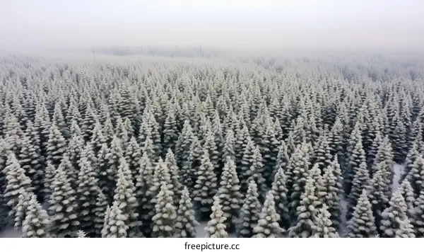 Breathtaking Aerial View of Snow-Covered Pine Trees