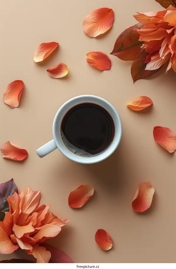 A cup of coffee with orange flower petals