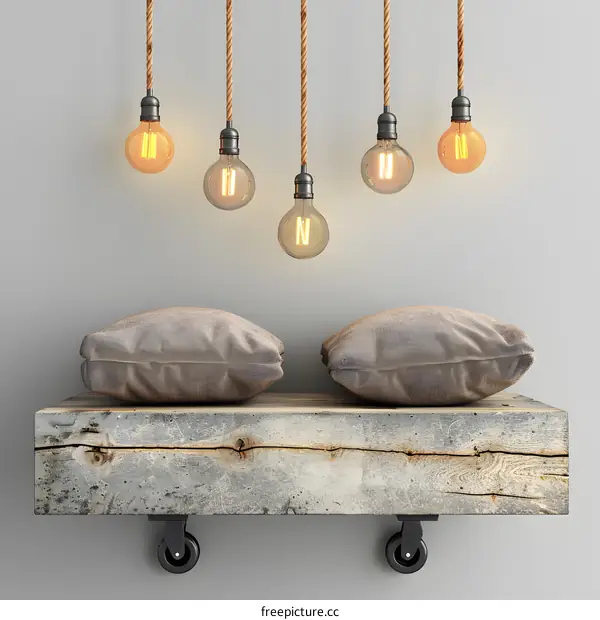 Rustic Wooden Shelf with Hanging Light Bulbs