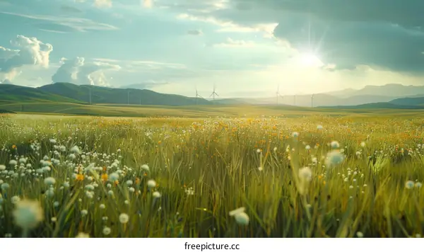 Wind turbines in a green field of flowers