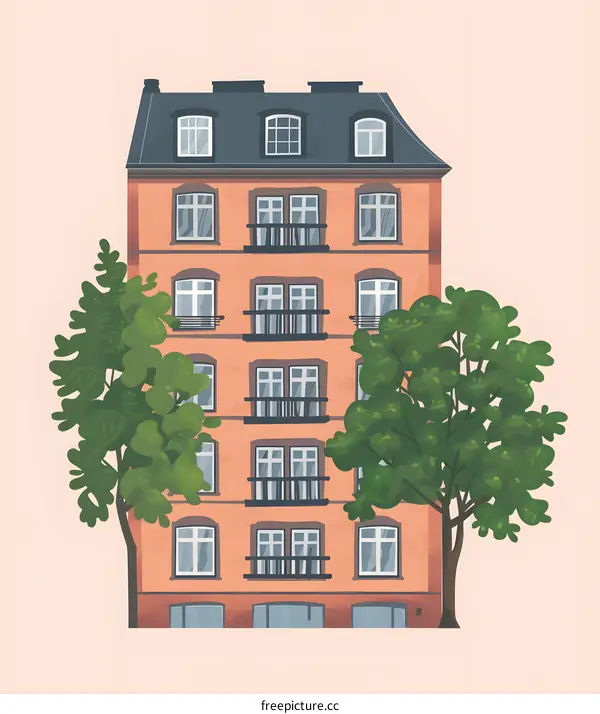 European Style Building Illustration With Trees