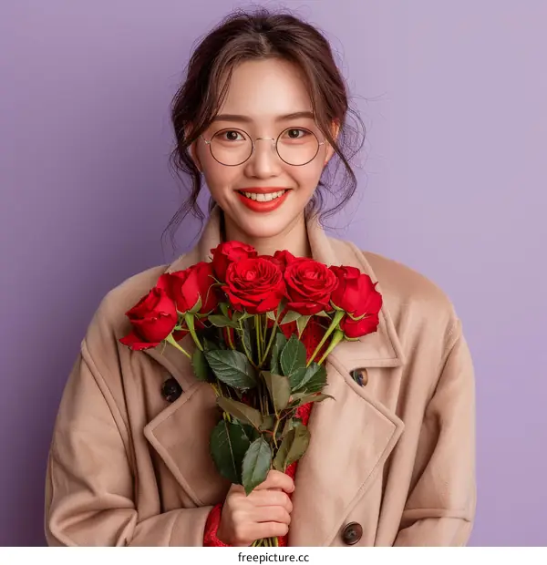 Asian woman holding red roses