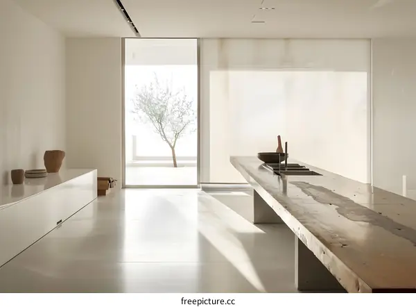 Minimalist Kitchen Interior Design With Wooden Countertop And White Walls