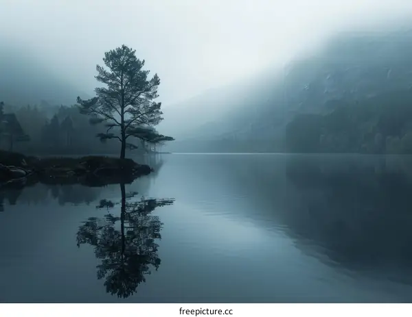 A Solitary Pine Tree in the Misty Mountains