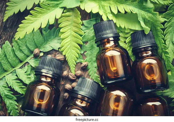 Essential Oils Bottles with Green Leaves and Seeds