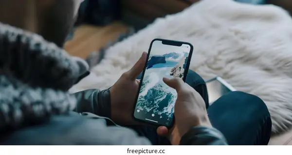Person Holding Phone With A Photo Of An Aerial View Of A Coastline With Mountains