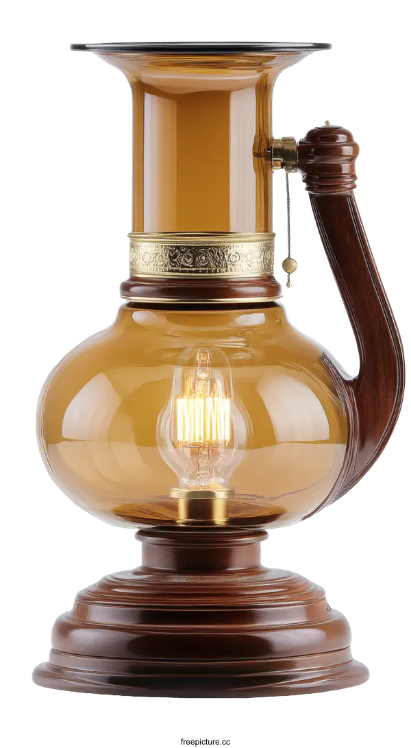 [Transparent Background PNG]Vintage Amber Glass Table Lamp with Wooden Base